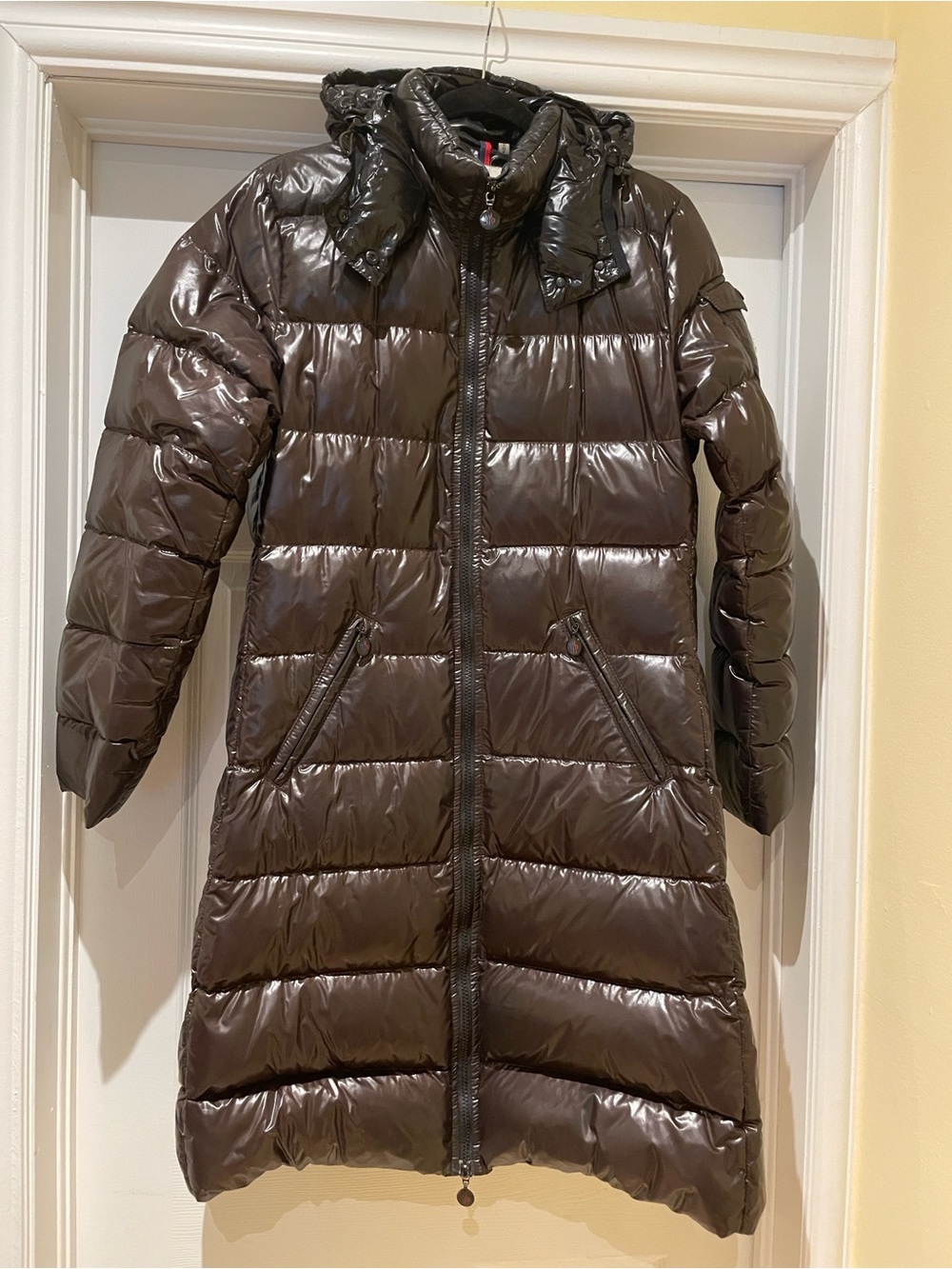 Moncler Iconic Nylon Laqué Long Down Coat Mocha Detachable Hood Alpine Luxe